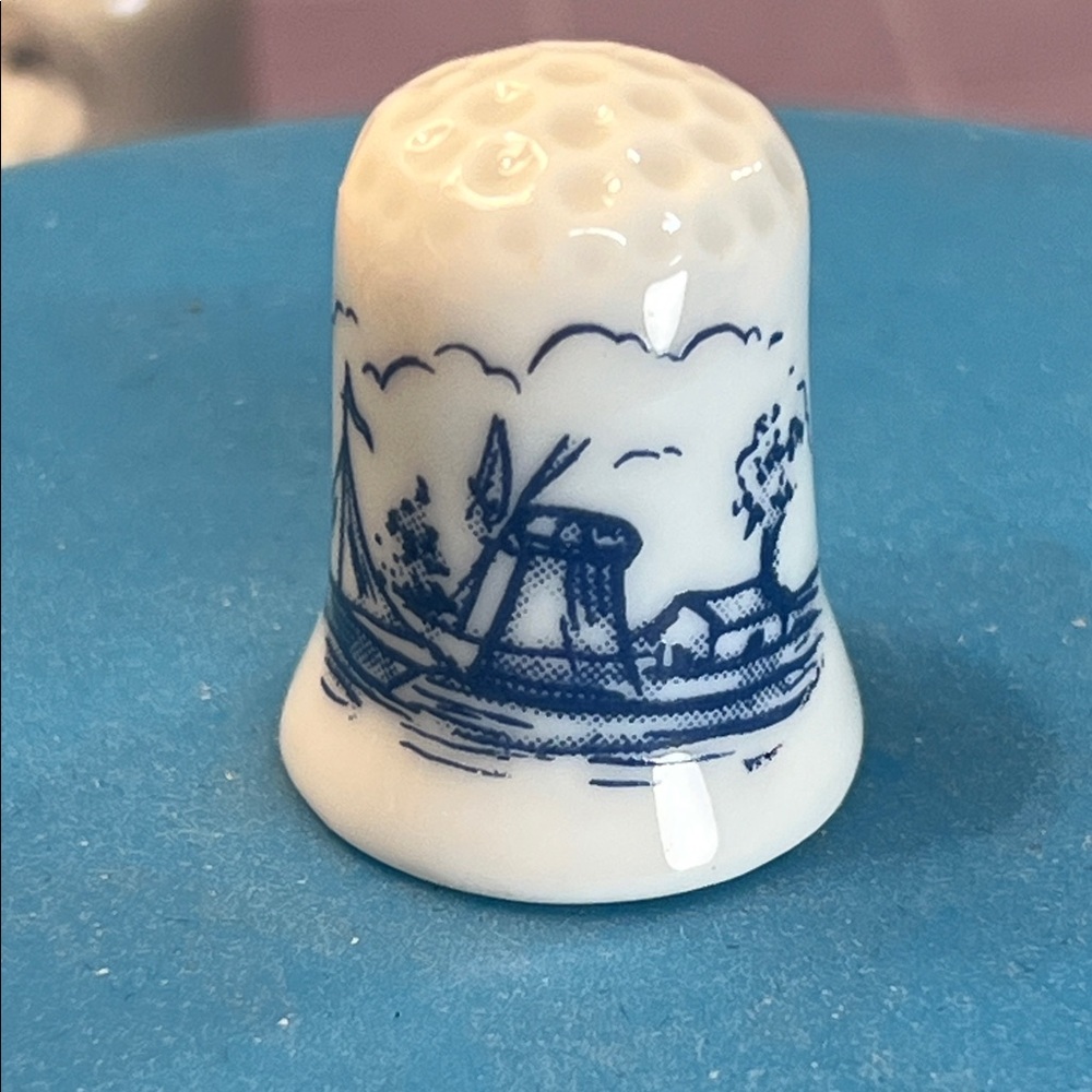 Blue and White Ceramic Thimble